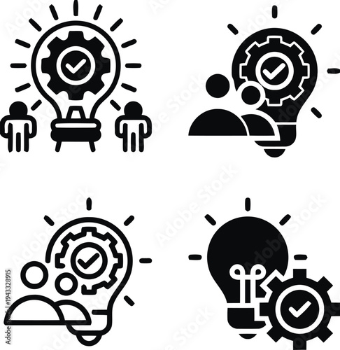 Business idea and innovation icons, symbolizing teamwork, creativity, and problem solving with lightbulbs, gears and people figures, representing startup and project development