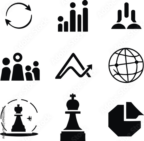 Business strategy icons set with cycle diagram bar chart people figures chart arrow globe chess piece and pie chart symbolizing planning development teamwork and competition for market analysis