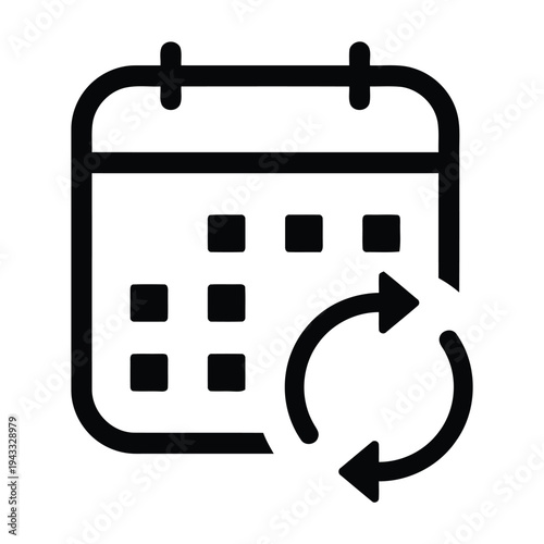 Calendar icon with refresh arrows, symbolizing scheduling, planning, and recurring events, ideal for business, personal organization, and time management applications.