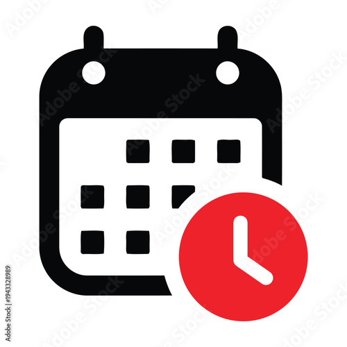 Calendar icon with clock symbol indicating time management and scheduling for appointments and important dates, event planning and deadline notification, vector illustration