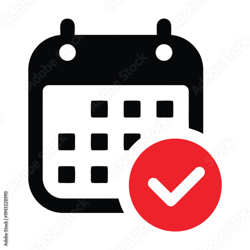 Calendar icon with red check mark, confirming an event or task, marking a completed date, scheduling success and confirmation, vector graphic design