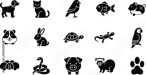 Pet animal icons collection with dog cat bird fish hamster rabbit turtle lizard parrot