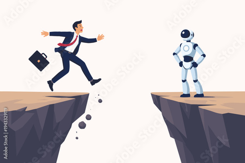 Businessman Falling Off Cliff with Robot Watching from Opposite Side, Vector Illustration Representing Artificial Intelligence Replacing Human Jobs, Automation Risk, and Future Workplace Challenges.