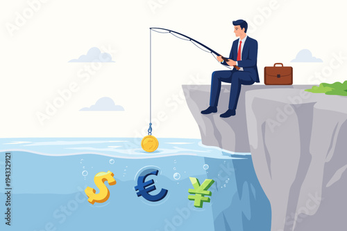 Businessman sitting on a cliff edge fishing for money and currency symbols like dollar euro and yen in the ocean water, concept of financial investment, profit, wealth, success and global economy.