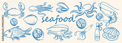 Hand drawn vector various seafood elements line art set .lemon . Sketch art seafood set . seafood elements design . Vector illustration