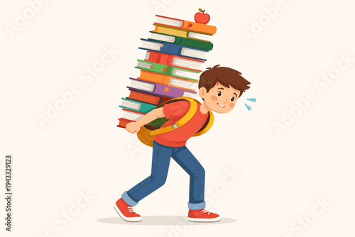 Vector illustration of a young schoolboy carrying a heavy stack of colorful books in his backpack with an apple on top, representing education, learning, and the burden of schoolwork for kids.