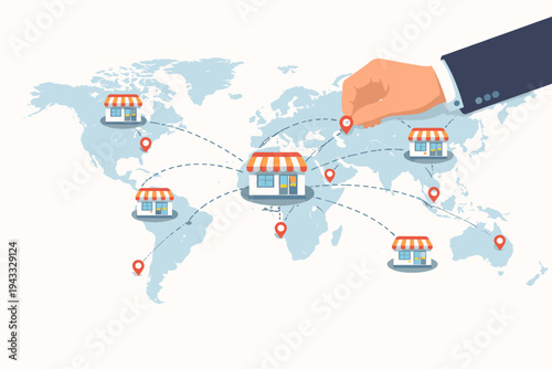 Businessman Hand Placing Location Pin on World Map for Global Retail Store Network Expansion, Illustrating Franchise Growth, International Business Strategy, and Branch Office Connectivity.