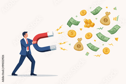 Businessman Holding a Large Horseshoe Magnet to Attract Wealth, Money, Gold Bars, and Cash Bags. Concept of Financial Success, Investment Capital, Profit Growth, and Business Prosperity Illustration.