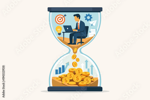 Business concept of time is money with a businessman working on a computer inside a sand clock as ideas and effort convert into gold coins, representing productivity, efficiency and profit.