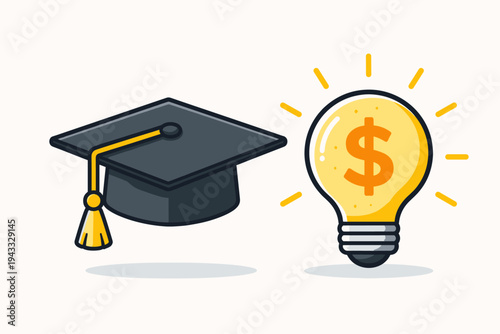 Vector illustration of a graduation cap and a glowing light bulb with a dollar sign inside, representing the cost of education, student loans, scholarship opportunities, and financial success.