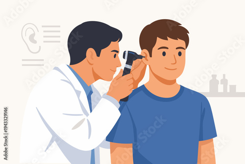 Professional ENT Doctor Examining Male Patient's Ear with Otoscope During Medical Checkup in Clinic. Otolaryngologist Performing Ear Exam on Young Man. Healthcare and Medical Vector Illustration