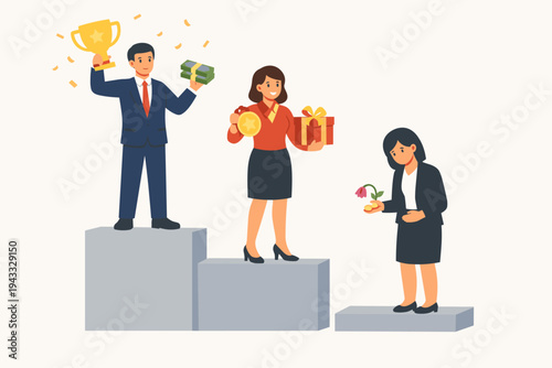Business Competition Concept with People on Winners Podium. Successful Businessman with Trophy and Cash, Second Place Woman with Medal and Gift, and Sad Third Place Woman with Wilted Flower.