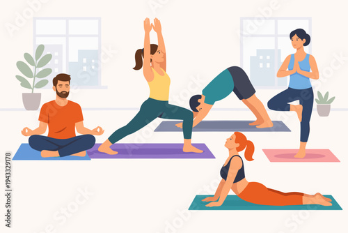Group of People Doing Yoga Exercises in a Studio or Fitness Center, Men and Women Practicing Various Poses like Lotus, Warrior, Downward Dog, Tree, and Cobra for Wellness and Healthy Lifestyle.