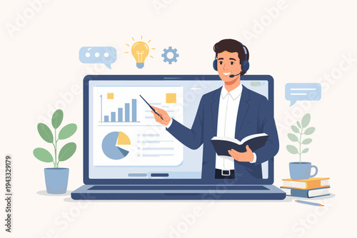 Professional male advisor coaching online through laptop screen with data charts. E-learning concept with teacher wearing headset, holding book, pointing at analytics for business education.
