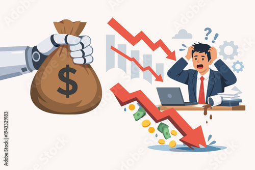 Vector illustration of AI automation replacing human jobs and causing financial loss with a robot hand holding a money bag while a stressed businessman watches a market crash and economic decline