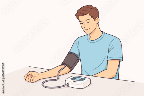 Young man checking his arterial blood pressure with a digital tonometer at home, male patient measuring hypertension or hypotension using an electronic sphygmomanometer, healthcare vector art