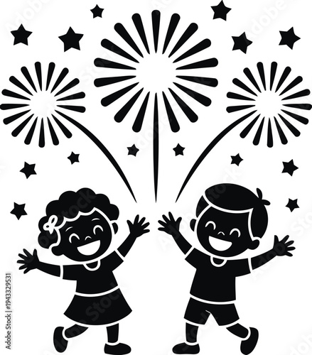Children celebrating fireworks at night sky with happy expressions and raised hands during festive event with stars and light bursts vector illustration