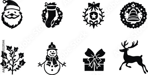 Christmas holiday symbols including santa claus stocking wreath bell mistletoe snowman gift and reindeer for festive seasonal celebration and winter themes
