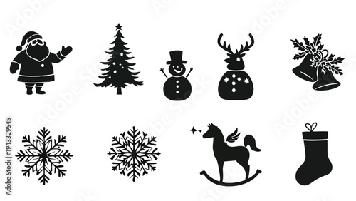 Christmas symbols collection featuring Santa Claus Christmas tree snowman reindeer bells snowflakes rocking horse and stocking isolated on white for holiday design