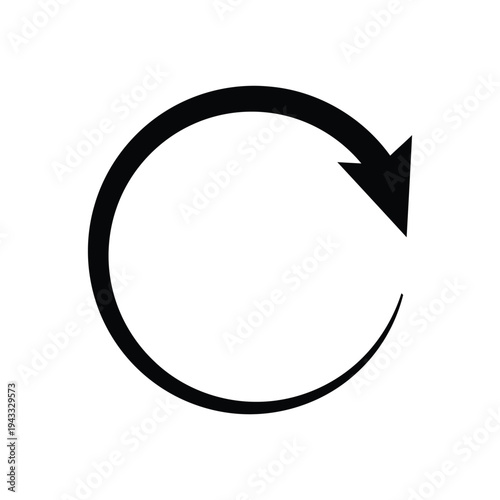 Circular arrow icon with solid black outline, represents refresh, repeat, reload, loop, recycle symbol, circular motion, rotation icon for user interface, graphic design element isolated on white