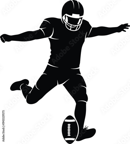 American football kicker silhouette, football player kicking ball, sports action athlete, isolated black silhouette, American football sport concept illustration