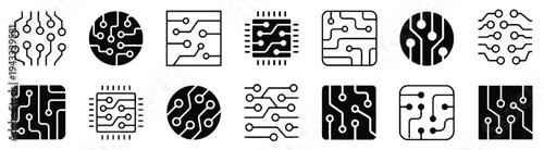 Circuit board pattern icons set collection of electronic motherboard schematic elements high tech digital computer hardware engineering components isolated on white background vector illustration
