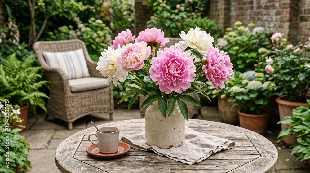 Fototapeta premium Pink and white peonies in a ceramic vase on a rustic wooden table with coffee, overlooking a lush garden patio for a serene summer relaxation concept