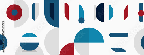 Abstract geometric shapes, circles, rectangles, lines. Blue, red, gray color palette dominates composition. Minimalist design.