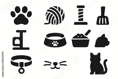 Collection of cute cat icons including paw print, yarn ball, scratching post, litter box, food bowl, cat face, and silhouette for pet lover designs