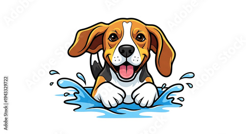 Joyful beagle puppy splashing playfully in bright blue water with water droplets flying conveying happiness and summer fun isolated on a clean white background perfect for pet
