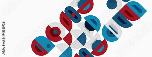 Abstract geometric pattern. Circles, squares overlap creating dynamic visual effect. Red, blue hues dominate composition. Minimalist design.