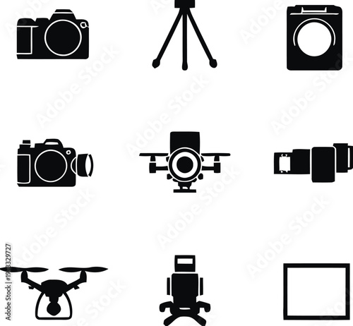 Collection of digital photography and videography equipment including cameras drones lenses tripod and accessories for professional content creation and visual storytelling on white background