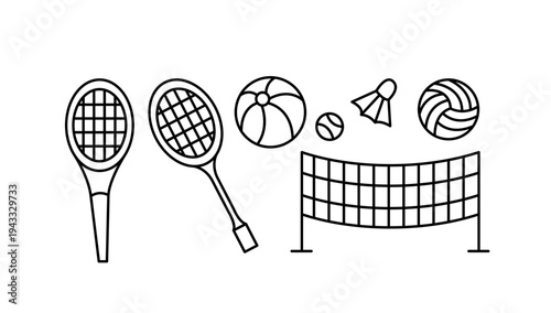 Summer Activities and Sports Doodle Collection. Editable Stroke Outline Badminton and Tennis Rackets, Balls, Shuttlecock. 