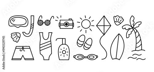 Summer Doodles Set. Editable Stroke Outline Collection. Summer and Beach Design Elements in Doodle Style. 