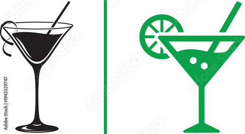 Two minimalist martini vector icons. The left features a crisp black outline with a lemon slice and straight straw. The right is a matching purple outline version, separated by a vertical purple line.