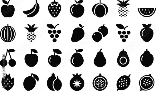 Collection of diverse fresh fruits icons isolated on white background, healthy organic food symbols, natural delicious produce elements, sweet and juicy varieties for design.