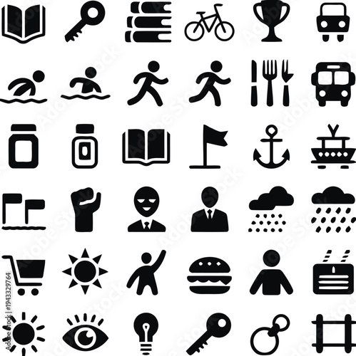 Collection of diverse icons representing lifestyle, travel, education, and business activities and concepts for graphic design and web