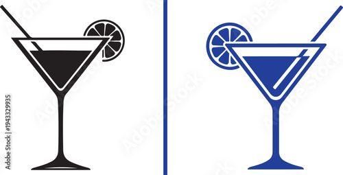 Two minimalist martini vector icons. The left features a crisp black outline with a yellow lemon slice and straight straw. The right is a vibrant blue outline version, separated by a blue bar.