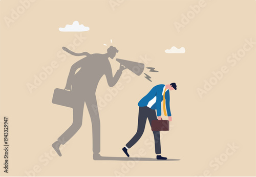 Self criticism, negative critic thinking to blame yourself, guilt or depression to rant or inner anxiety, anger or stress psychology concept, depressed businessman self shadow blame with megaphone