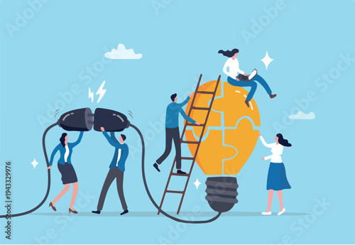 Company culture, teamwork or collaboration for success, colleague or employee engagement, collaboration or cooperate synergy for business growth concept, business people help building lightbulb ideas