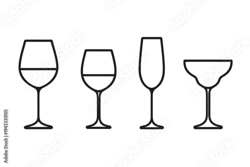 Collection of outline wine glasses including goblet, flute, martini and coupe glasses, diverse shapes and sizes, simple and modern vector art for beverage or celebration.