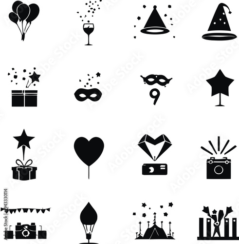 Collection of party icons like balloons, champagne glass, party hats, gift boxes, masquerade masks, confetti, and celebratory elements for festive occasions and events.