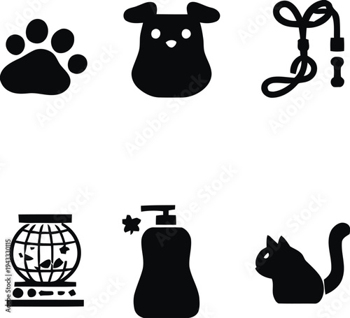 Collection of pet care and accessories icons silhouette including dog paw print dog face leash fish tank pet shampoo and cat for animal grooming and ownership themes