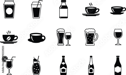 Coffee drink beverage icons set with cups beans mug cafe symbols
