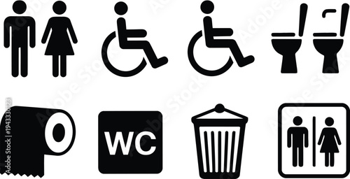 Collection of public restroom and facility icons including male and female figures, accessible wheelchair symbol, toilets, toilet paper, trash bin, and wc sign.