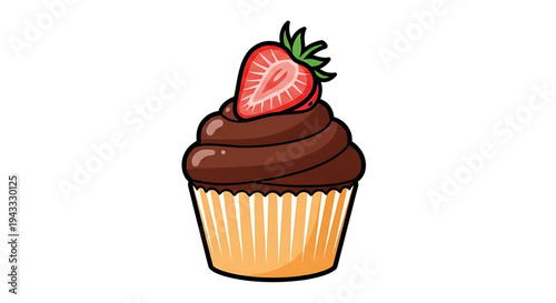 Delicious chocolate cupcake topped with rich frosting and a fresh vibrant strawberry slice presented in a festive striped paper liner perfect for celebrations and sweet indulgence