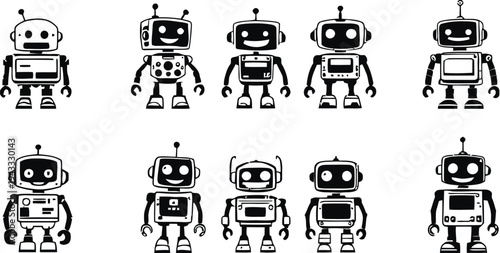 Collection of retro robots in silhouette style with various designs and expressions for technology themes and futuristic concepts vector characters