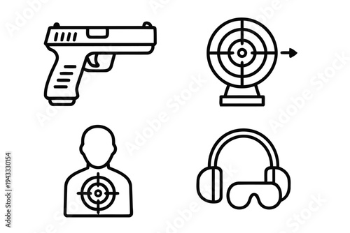 Collection of shooting sports icons pistol target aiming silhouette headphones and goggles for sport recreation and safety equipment themes