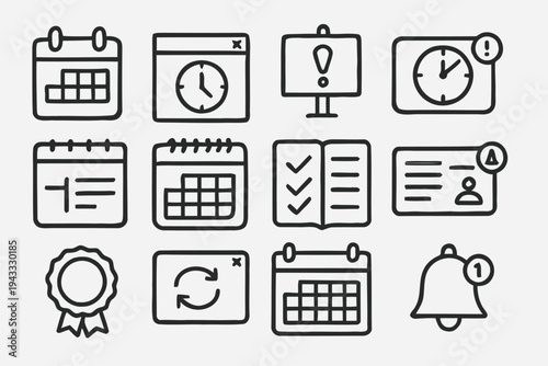 Collection of simple line art icons for calendar, clock, attention, notification, checklist, ID card, badge and refresh symbol for planning and organization