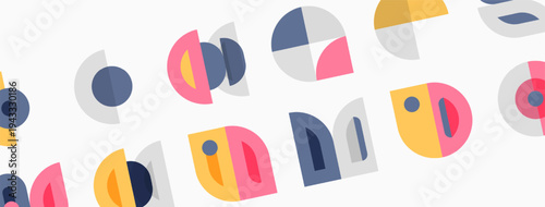 Abstract geometric shapes repeat across pale background. Soft colors, circles, arcs create playful pattern. Minimalist design.